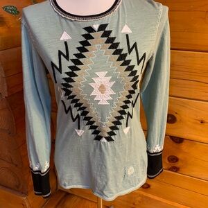 Double D Ranch Light Blue Aztec Long Sleeve Shirt Size Small
